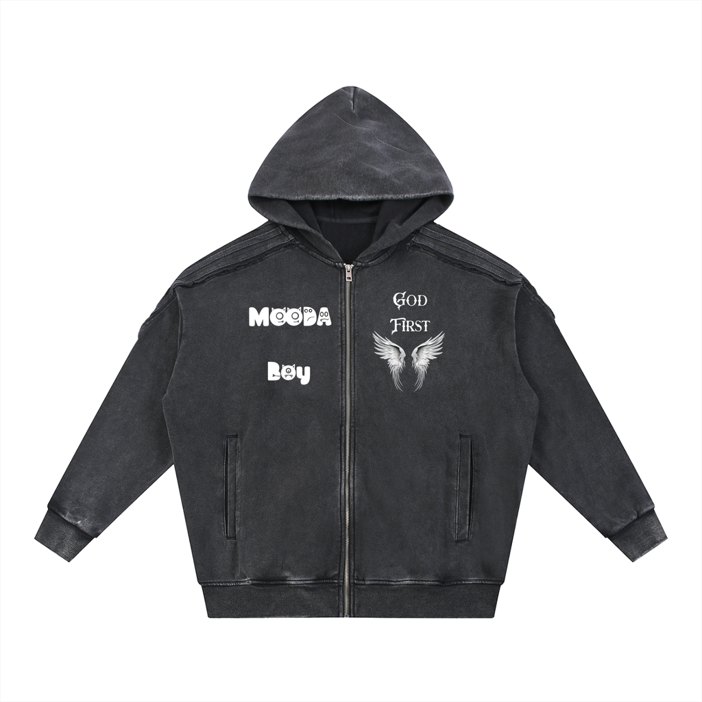 Mooda Snow Washed Tape Raw Edge Zip Hoodie
