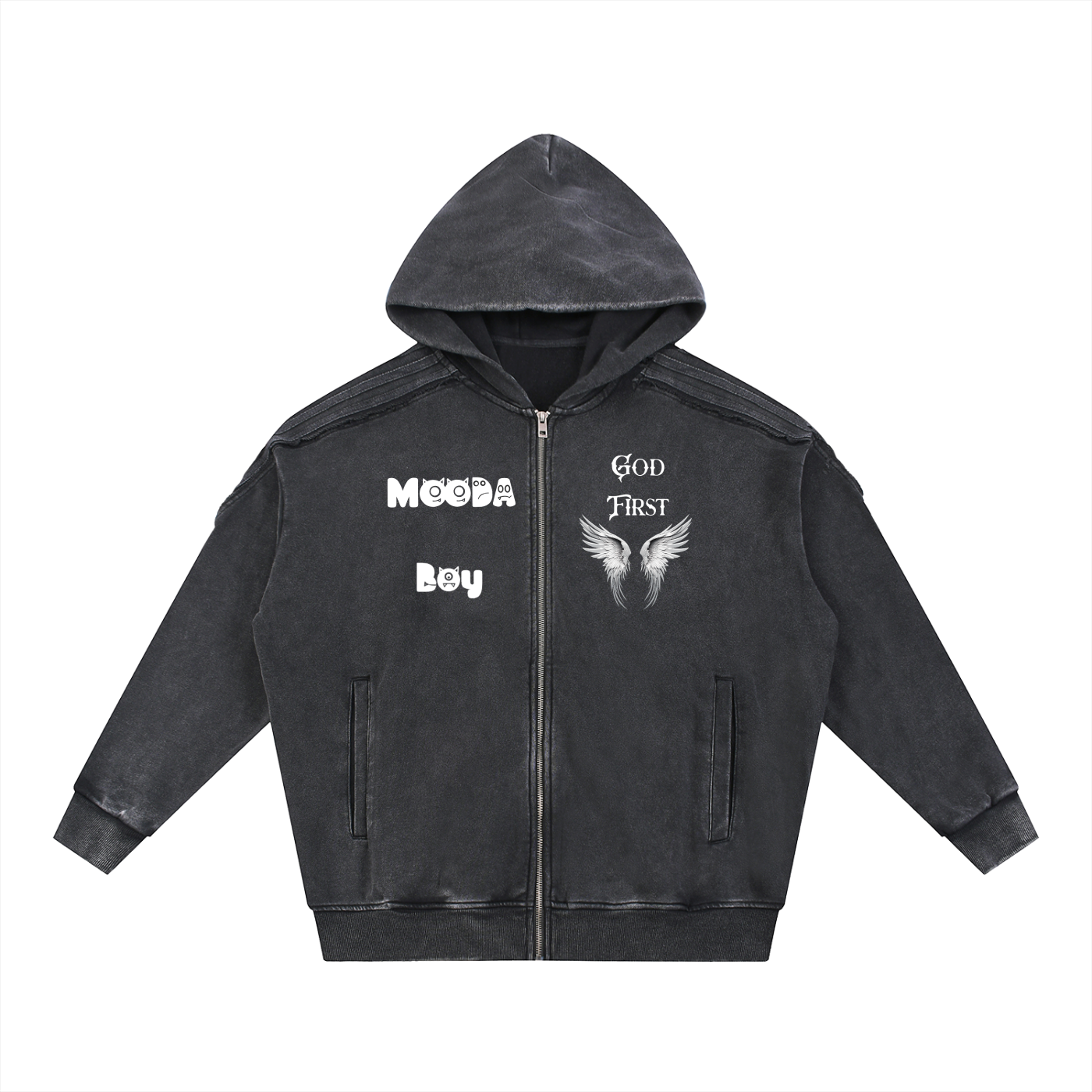 Mooda Snow Washed Tape Raw Edge Zip Hoodie