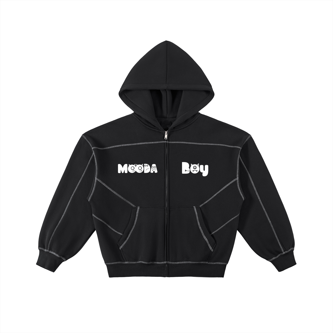 Mooda Contrast-Stitched Boxy Fleece Zip Hoodie