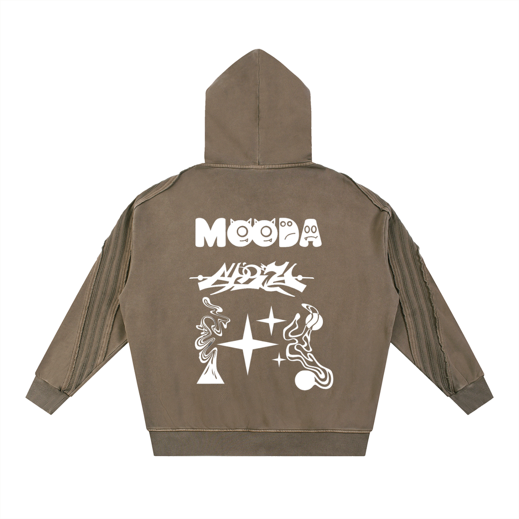 Mooda Snow Washed Tape Raw Edge Zip Hoodie