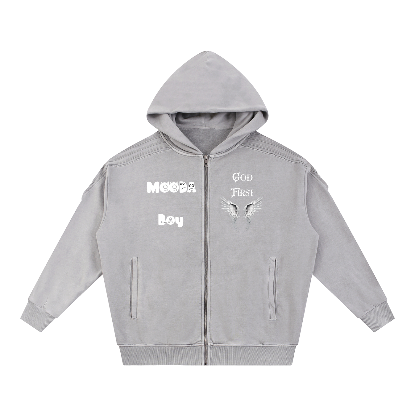 Mooda Snow Washed Tape Raw Edge Zip Hoodie