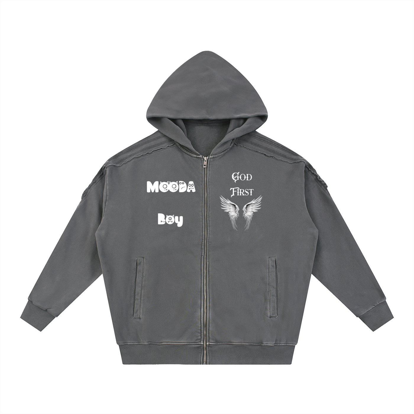 Mooda Snow Washed Tape Raw Edge Zip Hoodie