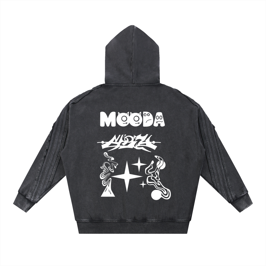 Mooda Snow Washed Tape Raw Edge Zip Hoodie