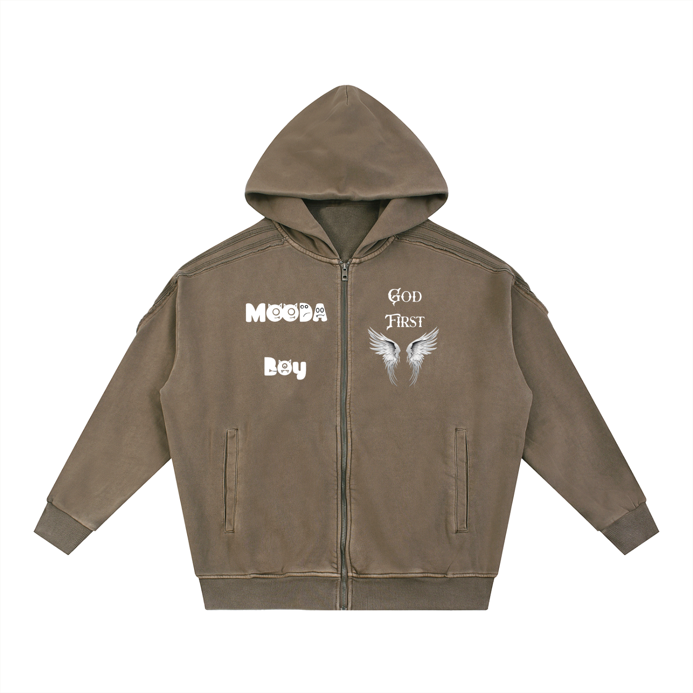 Mooda Snow Washed Tape Raw Edge Zip Hoodie
